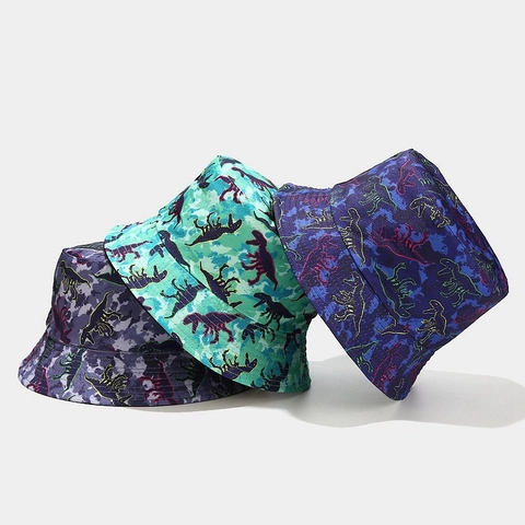 Omkeerbare Vissershoed Polyester Dinosaurus Print Zonbescherming Outdoor Casual Unisex Dubbelzijdig Zonnehoed