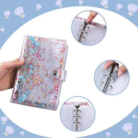 A6 Budget Binder PVC Notizbuch Hülle Mit Reißverschlusstaschen Und Etiketten Für Bargeld Organizer Transparent Holografische Muschel Pailletten