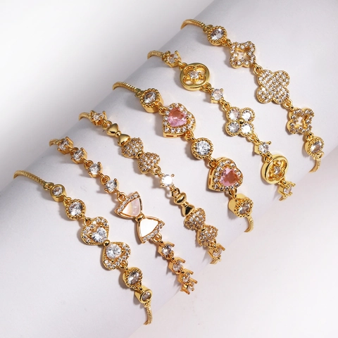 Pulsera Bolo Ajustable Cobre Bañado En Oro Circón Brillante Elegante Estilo Nácar Joyería Para Mujeres