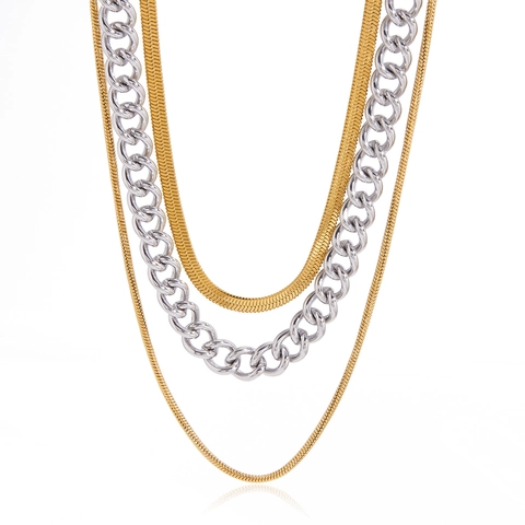 Minimalist 18K Gold Plated Stainless Steel Three Layer Necklace For Women Mixed Metal Tones Snake Curb Chain Jewelry Gift
