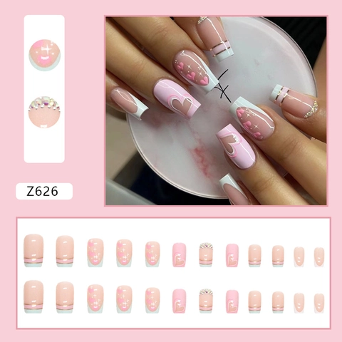 Press On Nails Square Sweet Light Blue Heart Design Rhinestone French Tip Glossy Plastic Artificial Fingernails