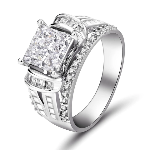 Bague De Mariage De Luxe Pour Hommes Cuivre Zircone Pavé Carré Coupe Princesse Style Business Bijoux Couleur Argent