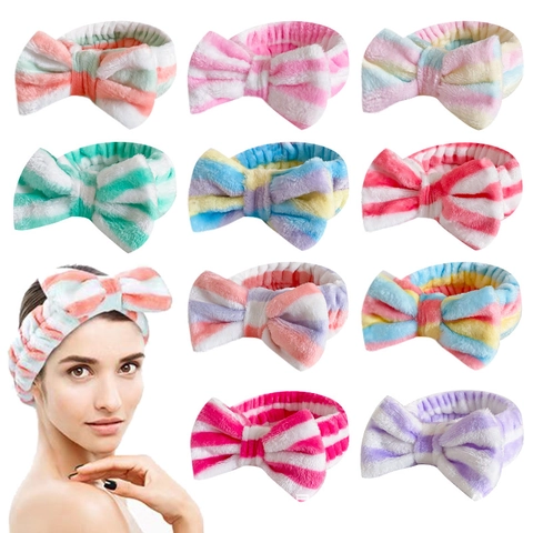 Striped Bow Headband Soft Coral Fleece Elastic Hair Band For Face Washing Makeup Spa Skincare Shower For Women Girls