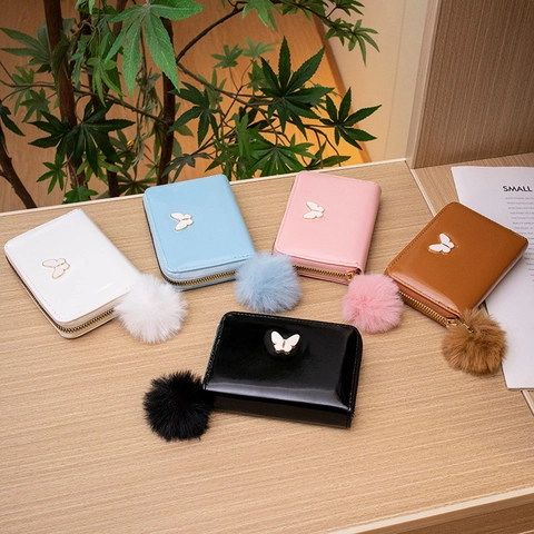 Ladies Mini PU Leather Wallet Butterfly Decoration Pom-pom Charm Zipper Coin Purse Fashion Card Holder