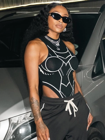 Women Sleeveless Mock Neck Bodysuit High Cut Slim Fit Geometric Line Print Futuristic Streetwear Sporty Fashion
