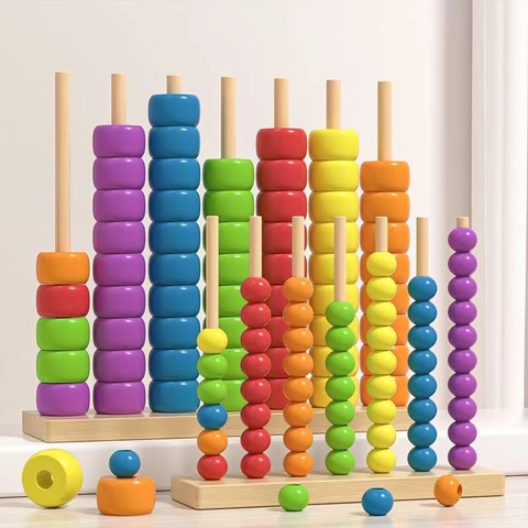 Montessori Wooden Toys Geometric Shape Color Sorting Matching Beads Stacking Columns Educational Gift For Kids