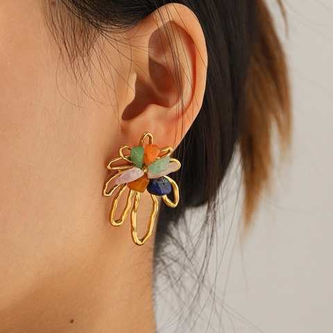 Vintage Hollow Flower Stud Earrings With Colorful Natural Stones And Stainless Steel Earring Post Bohemian Style For Women