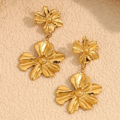 Vintage 18K Verguld Roestvrij Staal Dubbele Bloem Drop Oorbellen Voor Vrouwen Mode Ins Stijl Bloemen Sieraden Cadeau