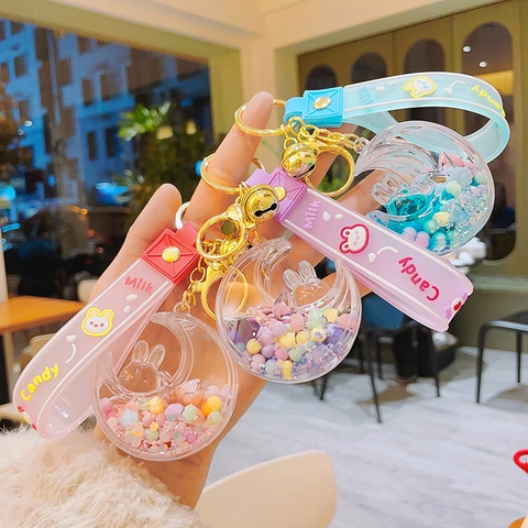 Cute Moon Rabbit Liquid Quicksand Keychain Acrylic Moving Glitter Bag Charm With Silicone Strap Bell Gift