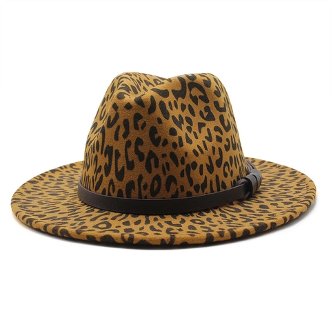 Leopard Print Felt Fedora Hat Wide Brim Retro Jazz Cap With Decorative Leather Belt For Women And Men