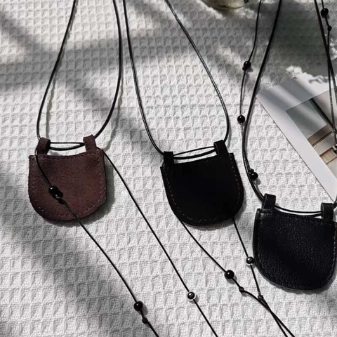 Minimalistische Lange Halskette Mit Lederbeutel Geometrischer Ring Anhänger Handgefertigter Vintage Schmuck Für Damen Accessoire
