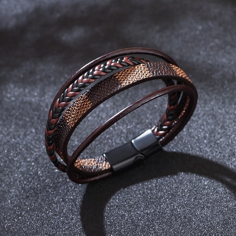 Bracciale Multistrato In Pelle PU Intrecciata Da Uomo Motivo A Scacchi Moda Minimalista Con Chiusura Magnetica