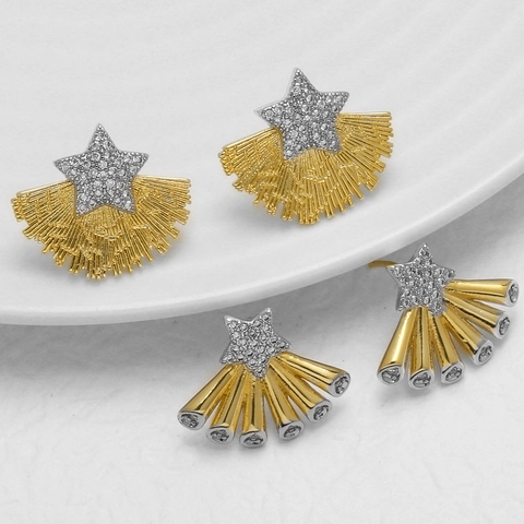 Pendientes De Estrella Cobre Chapado En Oro 18K Micro Pavé Circón Pentagrama Abanico Bicolor Con Poste De Oro 14K