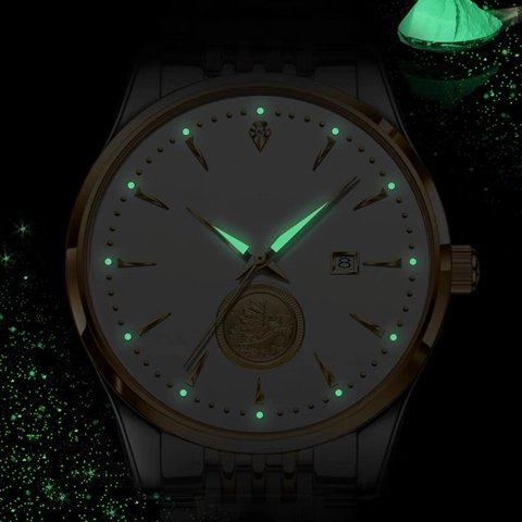 Orologio Da Polso Al Quarzo Business Da Uomo Luminoso Impermeabile Calendario Rilievo Veliero Bicolore Acciaio Inox Lusso