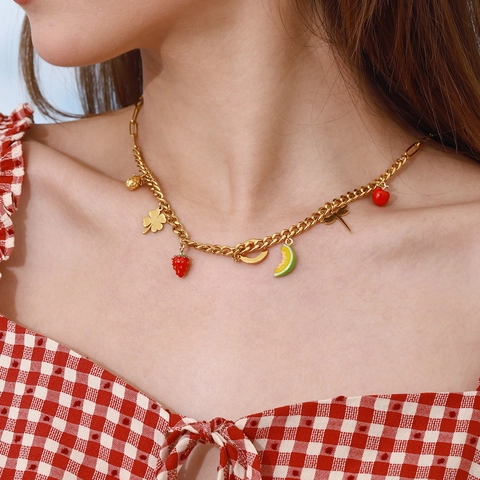 Enamel Fruit Pendant Necklace Stainless Steel Colorful Strawberry Watermelon Star Moon Charms Waterproof Jewelry Women