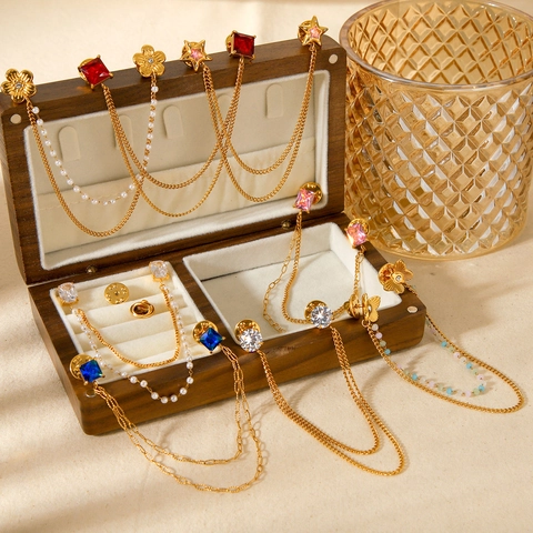 Catena Spilla Per Colletto Vintage Doppio Strato Acciaio Inossidabile Strass Künstliche Perle Finte Accessori Camicia