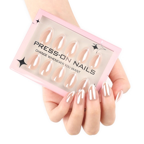 Unghie A Pressione Punta Bianca Francese Forma A Mandorla Lucido Rosa Nude Rivestite Per Donna