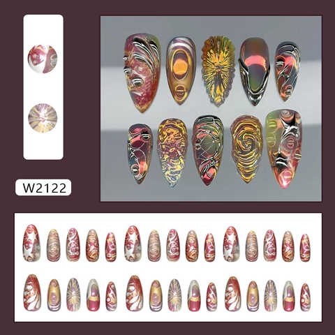 Unghie A Pressione Nebulosa Viola Scuro Notte Stellata Fluido Metallico 3D Goffrato Forma Mandorla Lunga Manicure Artificiale