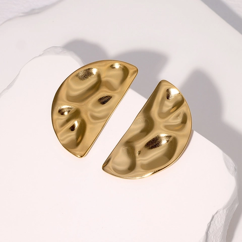 Geometric Half Round Stud Earrings For Women Stainless Steel Hammered Wavy Texture Minimalist Ins Style High End Jewelry