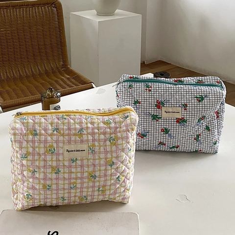 Quilted Cotton Makeup Bag Large Capacity Floral Plaid Cosmetic Pouch Travel Toiletry Organizer Storage Case For Women Cute