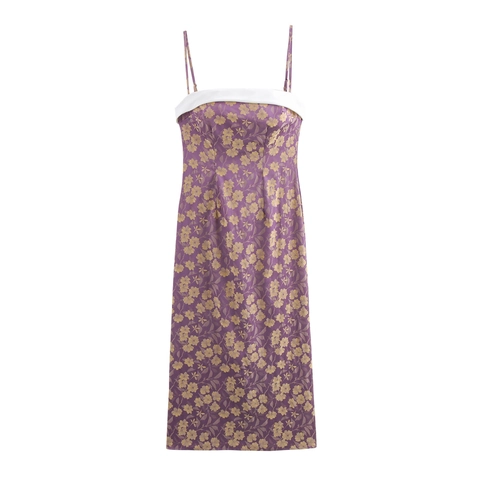 Jacquard Camisole Midi Jurk Polyester Bloemenpatroon Retro Hoge Taille Elegant Paars Witte Gevouwen Halslijn Slim Fit