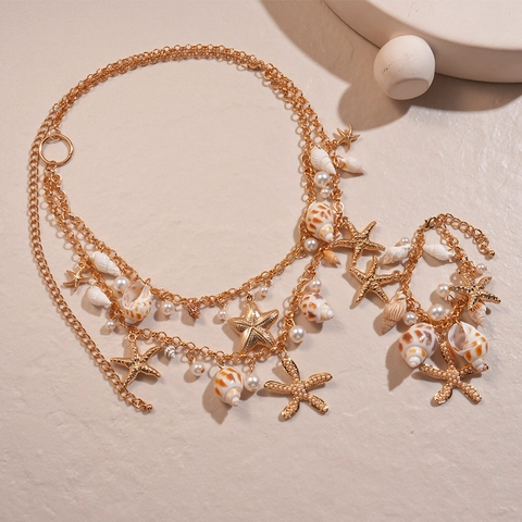 Gold Alloy Layered Necklace And Body Chain With Faux Artificial Pearl Sea Shell Starfish Bohemian Beach Vacation Jewelry For Women