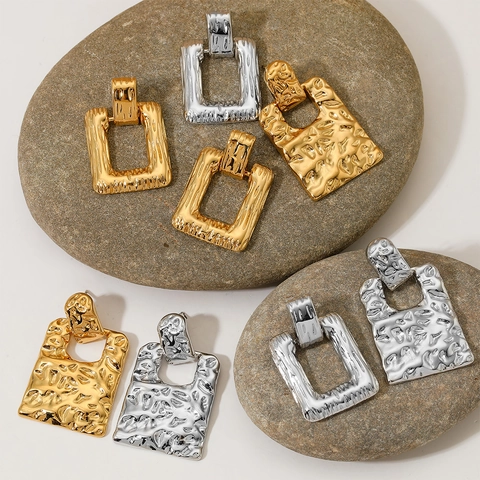 Stainless Steel Square Earrings Hammered Texture Irregular Geometric Retro Fashion Jewelry For Women
