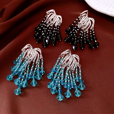 Vintage Glass Beaded Tassel Dangle Earrings With Silver Earring Post Long Elegant Luxury Jewelry For Women