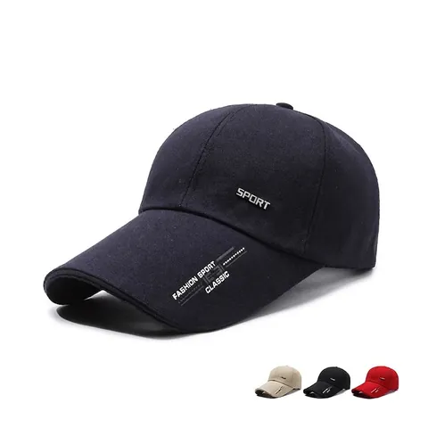 Baseball Cap Men Sun Hat With Metal Sport Label Long Brim Adjustable Canvas Outdoor Casual Sporty Trucker Hat