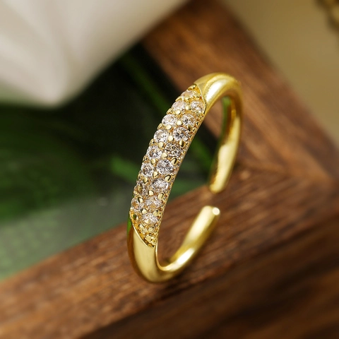 18K Vergoldeter Kupferner Offener Ring Für Frauen Minimalistischer Zirkon Verstellbarer Geometrischer Fingerschmuck