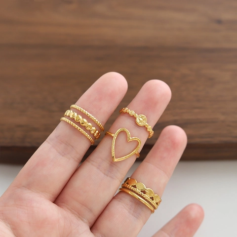 Vintage Gold Plated Titanium Steel Heart Beads Open Ring Adjustable Wide Multi Layer Geometric Finger Ring Jewelry Gift For Women