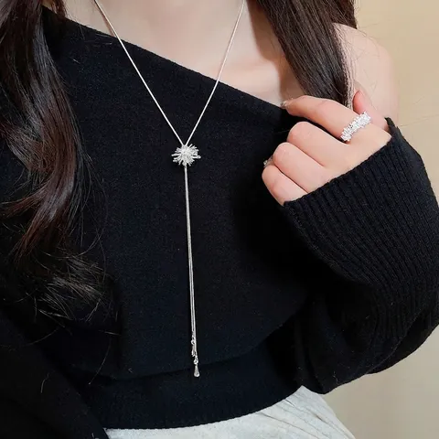 Collar Y Anillo De Cobre Circón Perla Artificial Largo Forma Y Borla Motivo Estrellado Elegante Moda Joyería Para Mujeres