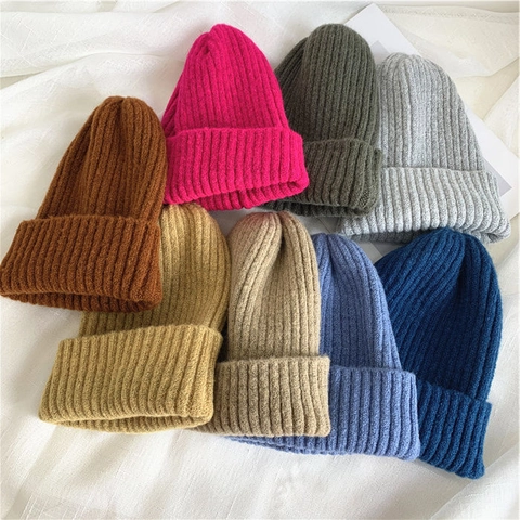 Gorro De Punto Beanie Acanalado Acrílico Mohair Cálido Con Dobladillo Color Sólido Invierno Casual Para Mujeres Hombres Estilo Coreano
