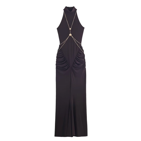 Women Halter Maxi Dress With Gold Metal Chain Sleeveless Slim Fit Ruched Elegant Vacation Evening Party Long Dress