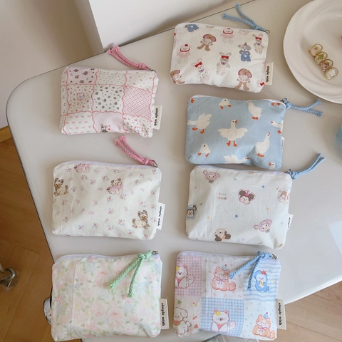 Cute Animal Floral Print Cotton Coin Purse Mini Zipper Card Holder Portable Fabric Small Storage Bag For Women