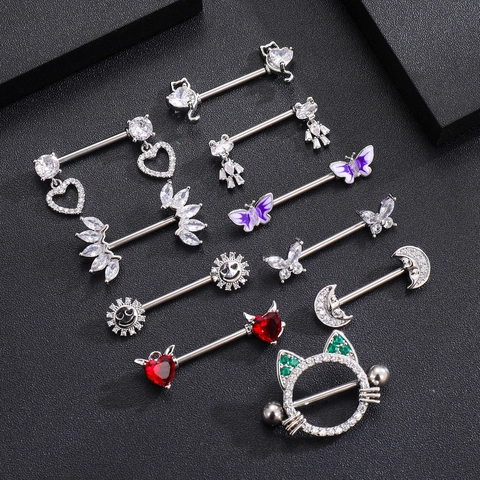 Stainless Steel Nipple Rings Heart Butterfly Cat Moon Zircon Inlaid Barbell Body Piercing Jewelry For Women Decorative