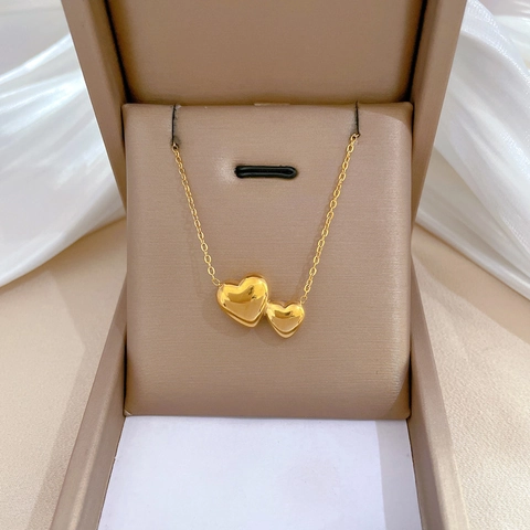 Doppelherz Kette Titanstahl Vergoldet Minimalistischer Anhänger Für Damen Schicker Ins Stil Schlüsselbeinkette