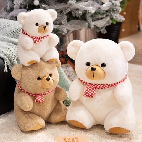 Cute Teddy Bear Plush Toy Soft Stuffed Animal With Checkered Scarf Faux Fur PP Cotton Filling For Kids Gift Home Decor