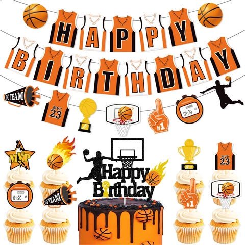 Basketball Birthday Party Decoration Kit Paper Banner Cake Toppers Hanging Swirls Sports Theme Decor