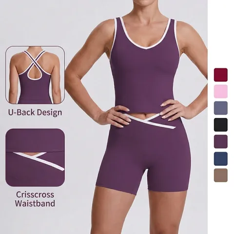 Women Yoga Workout Tank Top And Shorts Contrast Color Crossover Waist High Elasticity Breathable Gym Fitness Sportswear Clothing