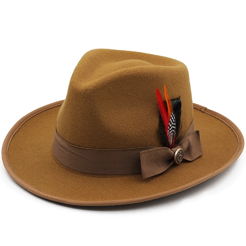Cappello Fedora Classico Decorazione Piume Distintivo Metallo Tesa Larga Feltro Retro Jazz Berretto Per Uomo Donna