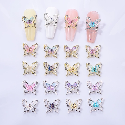 Vlinder Nagelkunst Charms Legering Glas Kristal Hol 3D Laser Gradiënt Kleurrijk Manicure Decoratie Accessoires Vrouwen