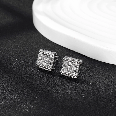 Hip Hop Square Triangle Hoop Earrings Alloy Rhinestone Iced Out Geometric Fashion Jewelry For Men