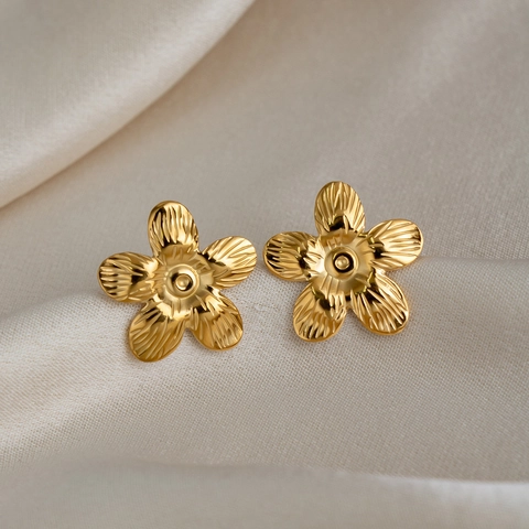 Flower Stud Earrings Stainless Steel 18K Gold Plated Brushed Texture Waterproof Hypoallergenic French Vintage Women