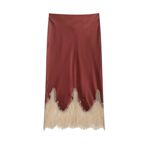 Gonna Midi In Raso Da Donna Con Bordo In Pizzo Vita Alta Elegante Dritta Poliestere Texture Di Raso Vintage Rosso Mattone