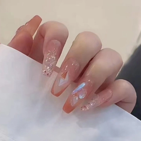 Unghie Finte Lunghe A Bara A Pressione Sfumate Rosa Pesca Glitter Strass Rimovibili Manicure Artificiale Moda