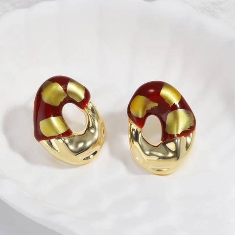 Orecchini A Lobo Ovali Irregolari Da Donna Con Smalto Rosso E Macchie Dorate Perno In Argento Sterling 925 Gioielli In Ottone Vintage Francese