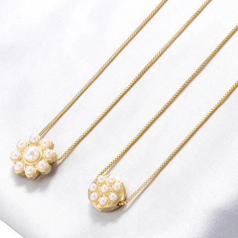 Elegante Collana Con Ciondolo Tondo a Fiore in Rame Intarsiato Con Perla Artificiale per Donna Catena a Scatola Oro Gioielli