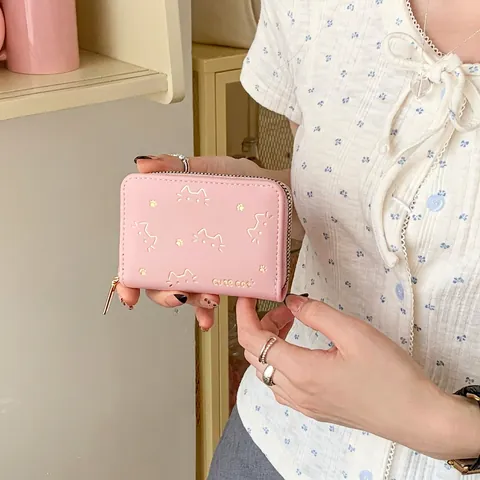 Women Small Wallet PU Leather Cute Cat Pattern Zip Around Accordion Card Holder Mini Short Purse Coin Pouch For Girls