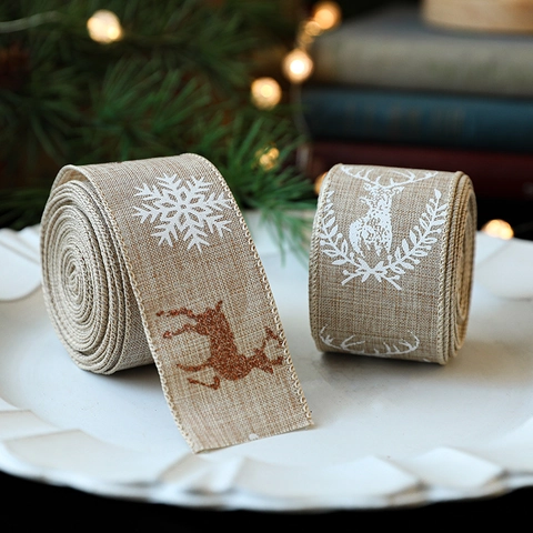 Christmas Burlap Ribbon Festive Elk Snowflake Pattern For Gift Wrapping DIY Crafts Rustic Tree Decoration Wrapping Accessory